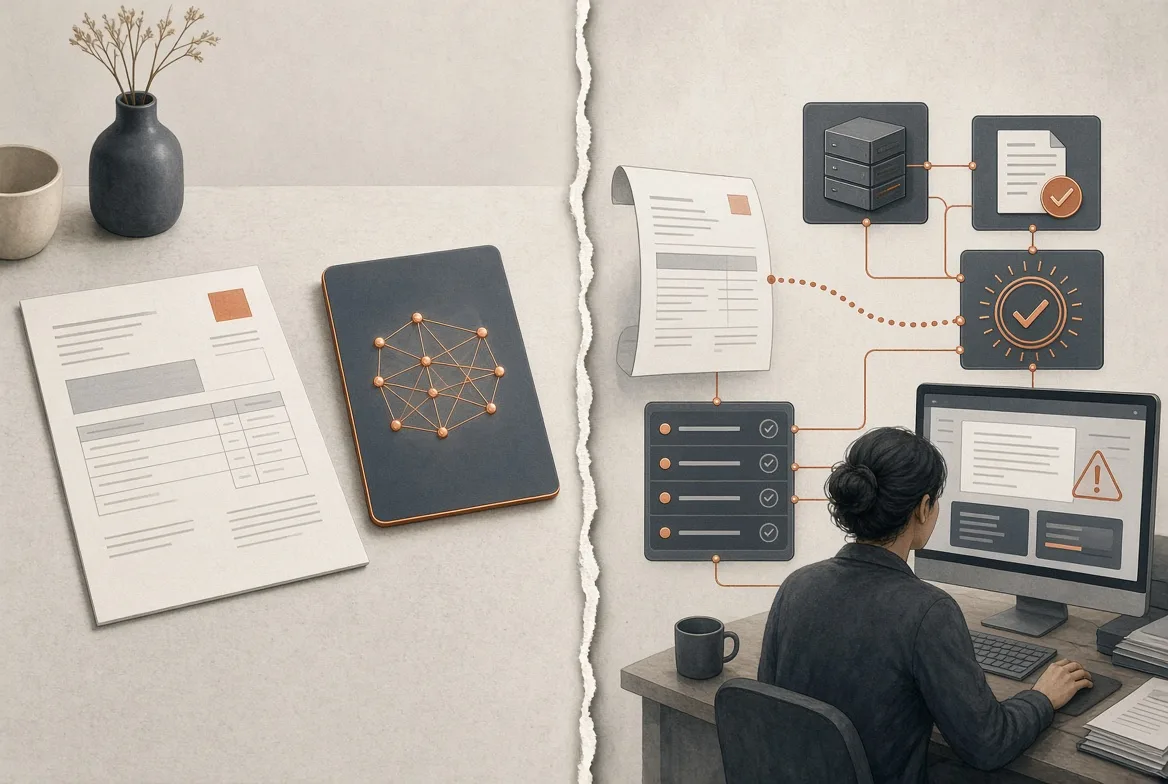 Editorial illustration split by a torn edge. On the left, a clean desk holds a single document and a simple model card. On the right, that document enters a live workflow of systems, checks, an approval step, and a person reviewing an exception on screen.